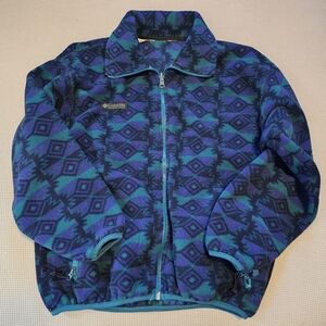 Columbia | Vintage Fleece Full Zip Jacket Teal Blue & Purple Abstract Geo Print